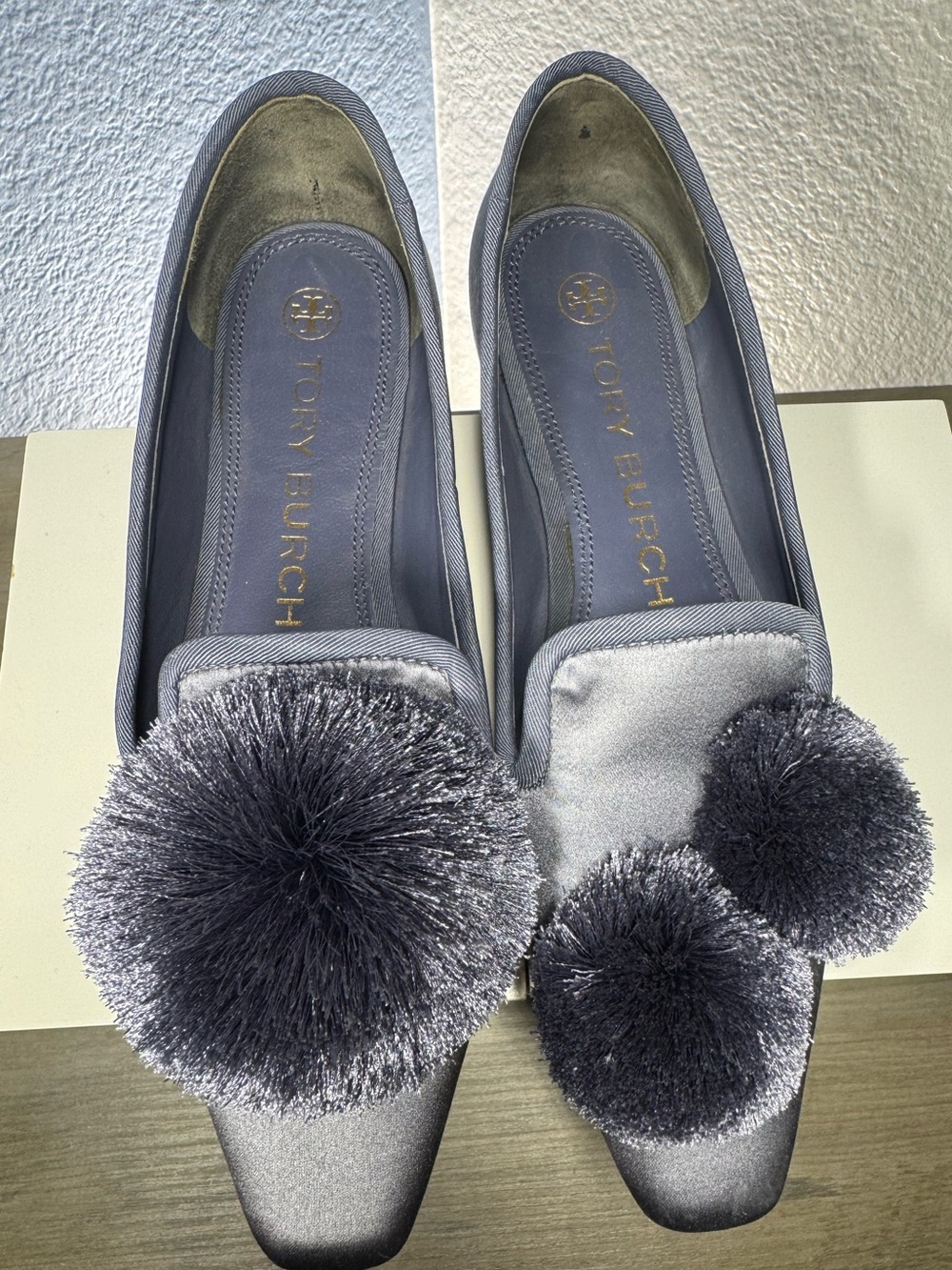 Tory Burch Holiday Satin Pom Pom Flats Gray Blue 5.5